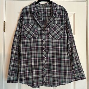 Women’s XL Eddie Bauer purple and blue plaid button down. New without tags